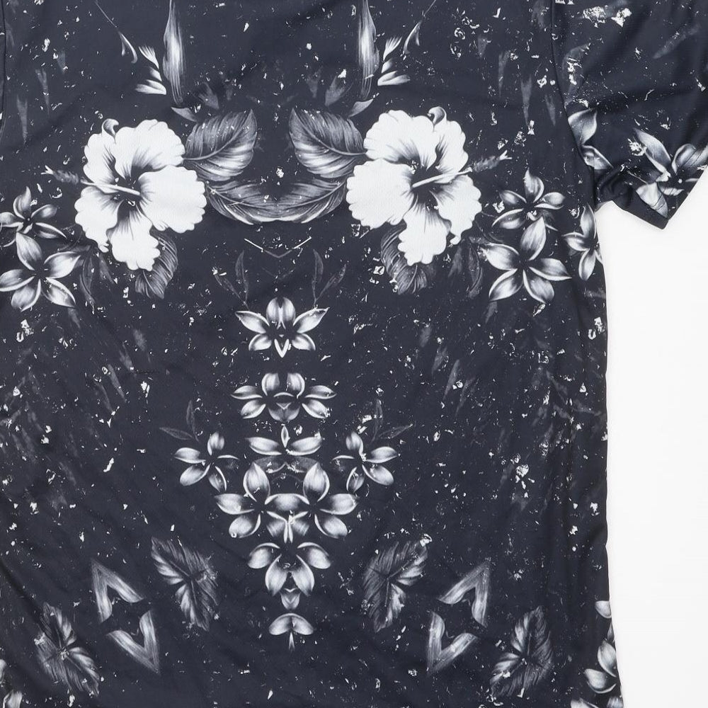 Good For Nothing Mens Black Floral Polyester T-Shirt Size L Crew Neck