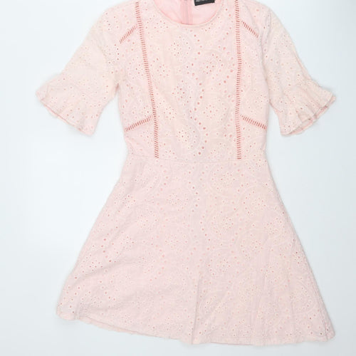 PRETTYLITTLETHING Womens Pink Geometric Polyester Fit & Flare Size 6 Round Neck Zip