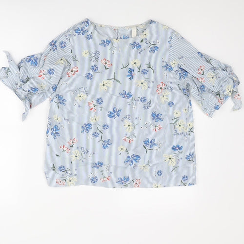 H&M Womens Blue Striped Cotton Basic Blouse Size 6 Round Neck - Floral