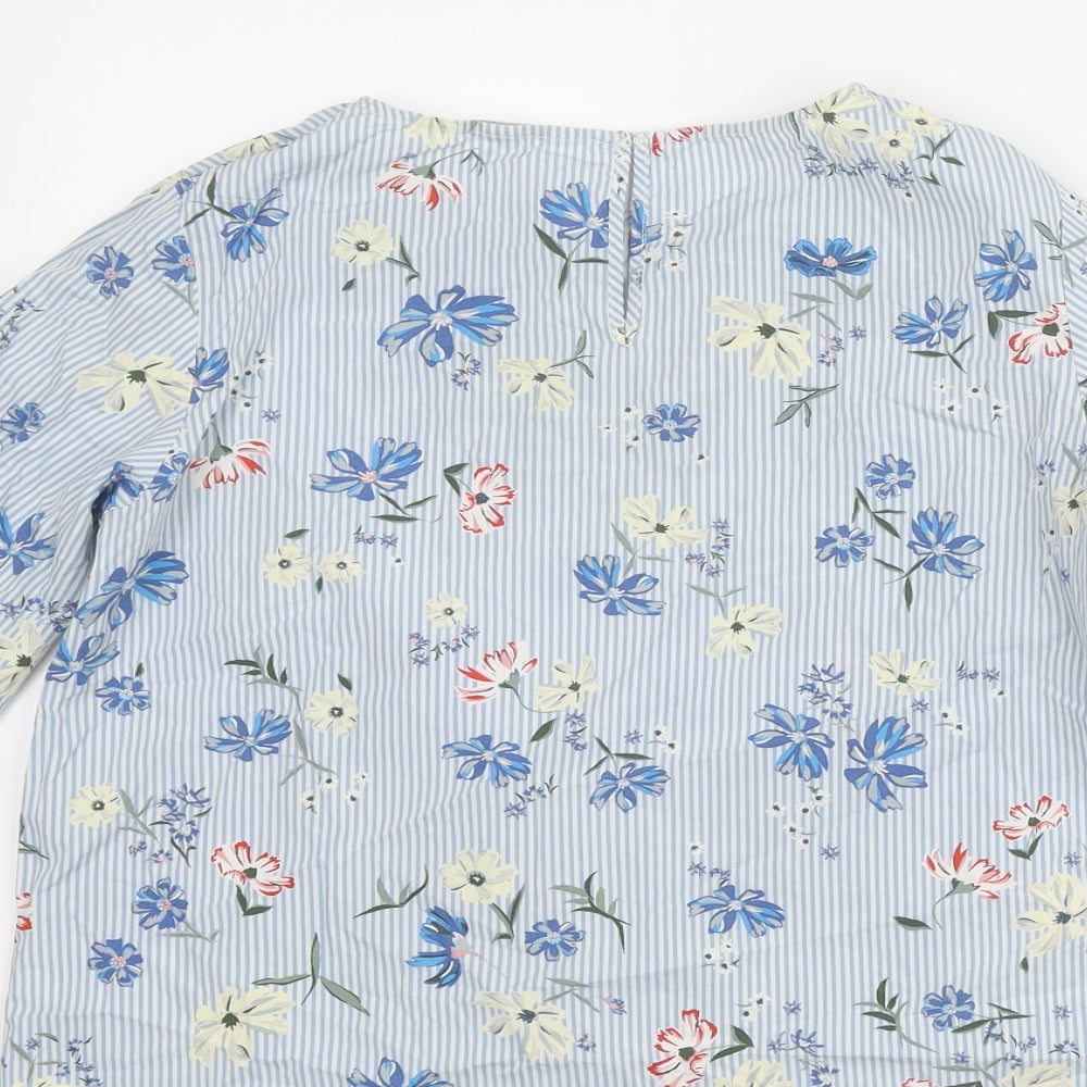 H&M Womens Blue Striped Cotton Basic Blouse Size 6 Round Neck - Floral