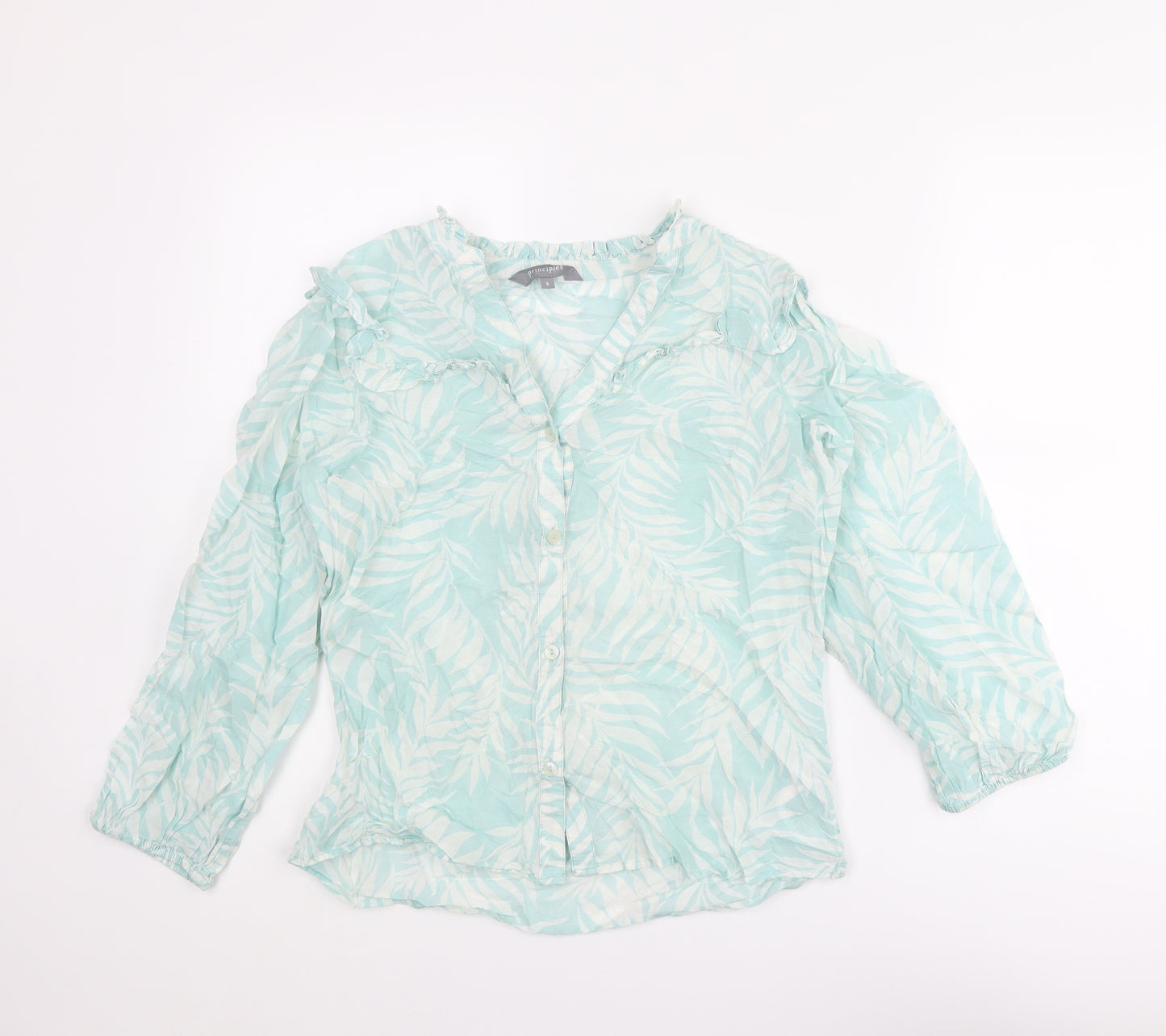 Principles Womens Blue Geometric Cotton Basic Button-Up Size 8 V-Neck