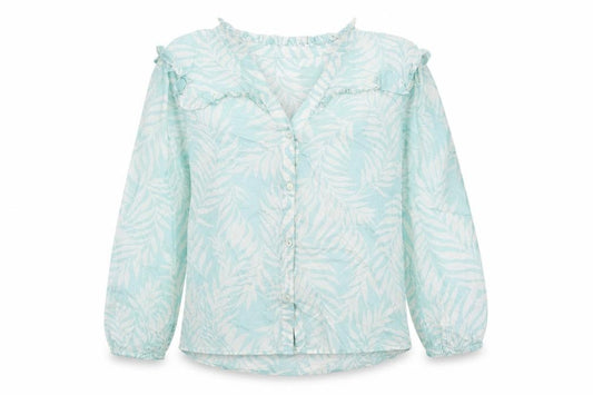 Front view of Principles women’s blue geometric cotton basic button-up, size UK 8, v-neck