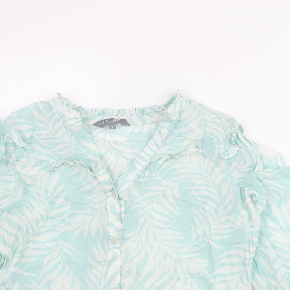 Principles Womens Blue Geometric Cotton Basic Button-Up Size 8 V-Neck