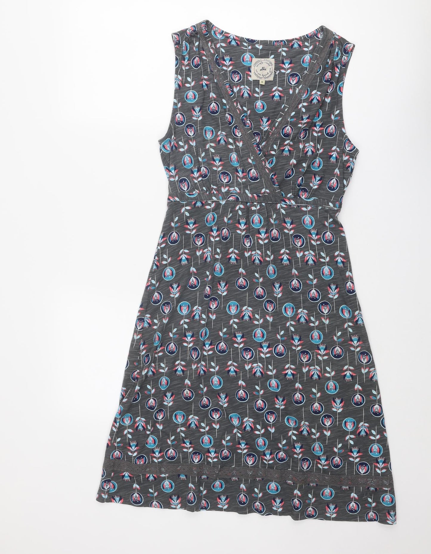 MANTARAY PRODUCTS Womens Grey Geometric Cotton A-Line Size 10 V-Neck Pullover