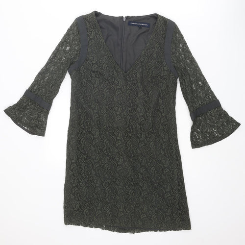 French Connection Womens Green Geometric Polyester Mini Size 8 V-Neck Zip