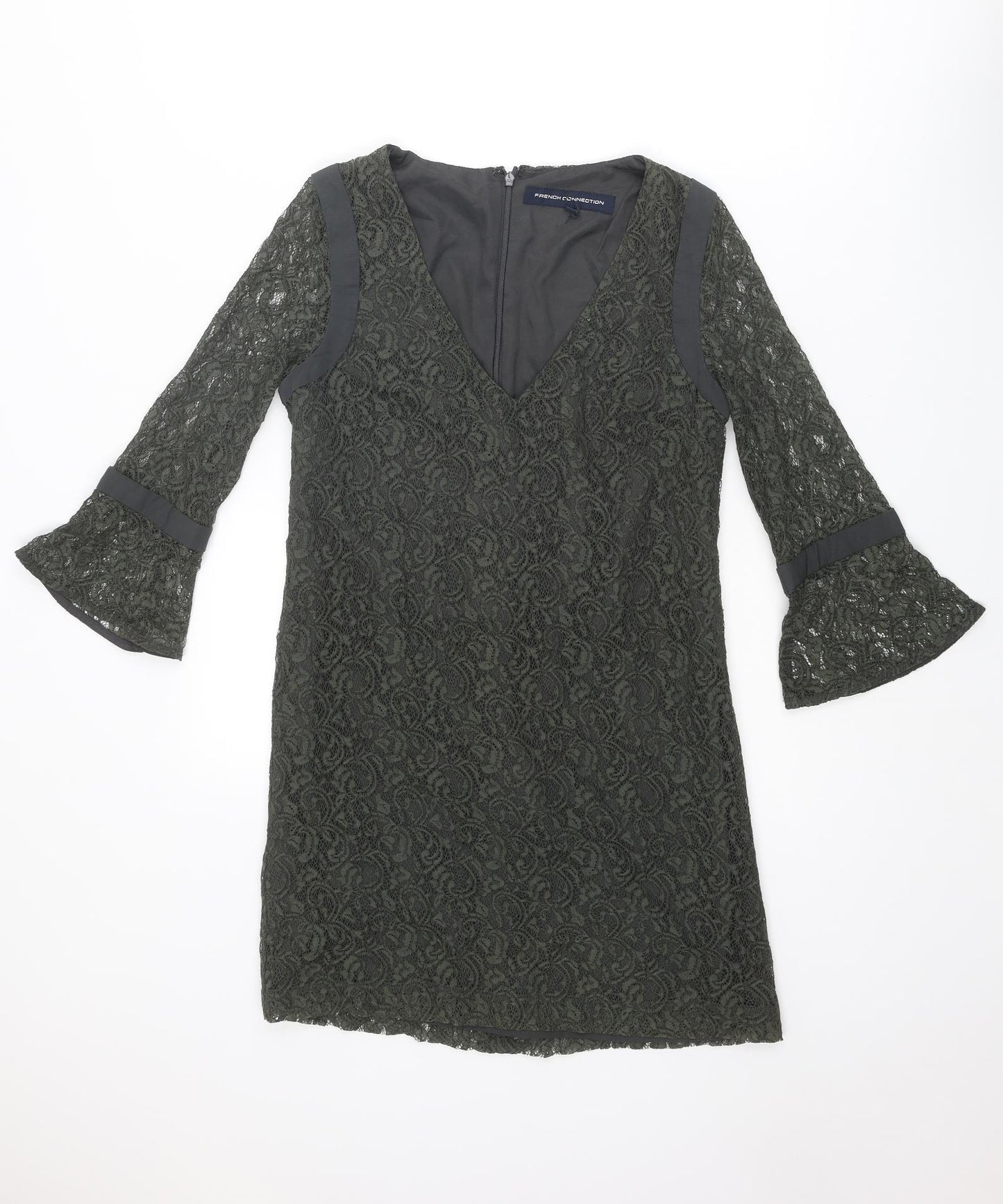 French Connection Womens Green Geometric Polyester Mini Size 8 V-Neck Zip