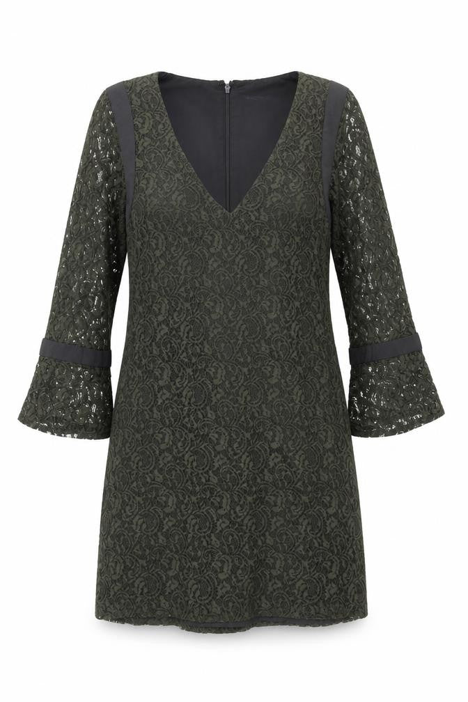 Front view of French Connection women’s green geometric polyester mini, size UK 8, v-neck zip