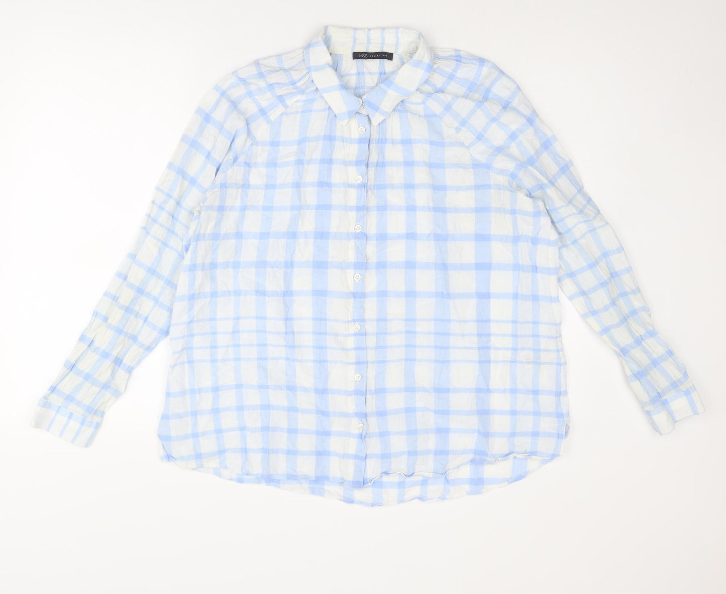 Marks and Spencer Womens Blue Plaid Cotton Basic Button-Up Size 12 Collared
