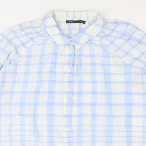 Marks and Spencer Womens Blue Plaid Cotton Basic Button-Up Size 12 Collared