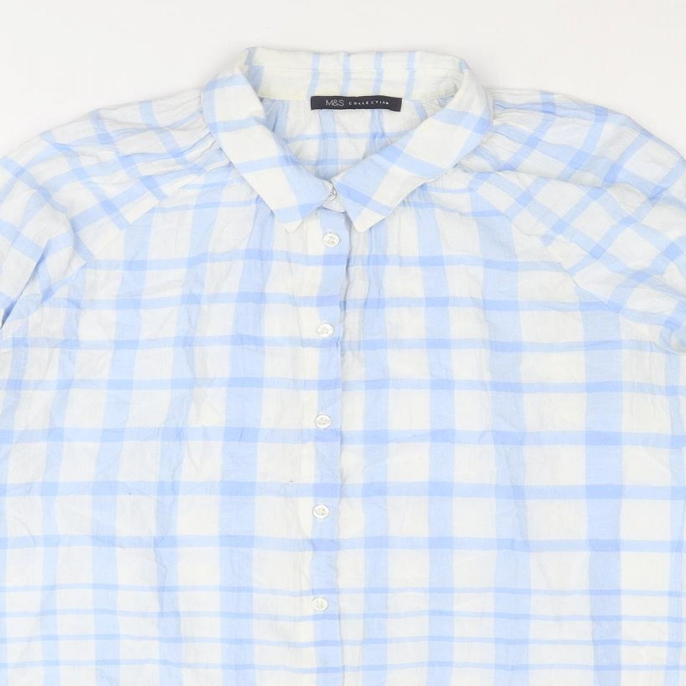 Marks and Spencer Womens Blue Plaid Cotton Basic Button-Up Size 12 Collared
