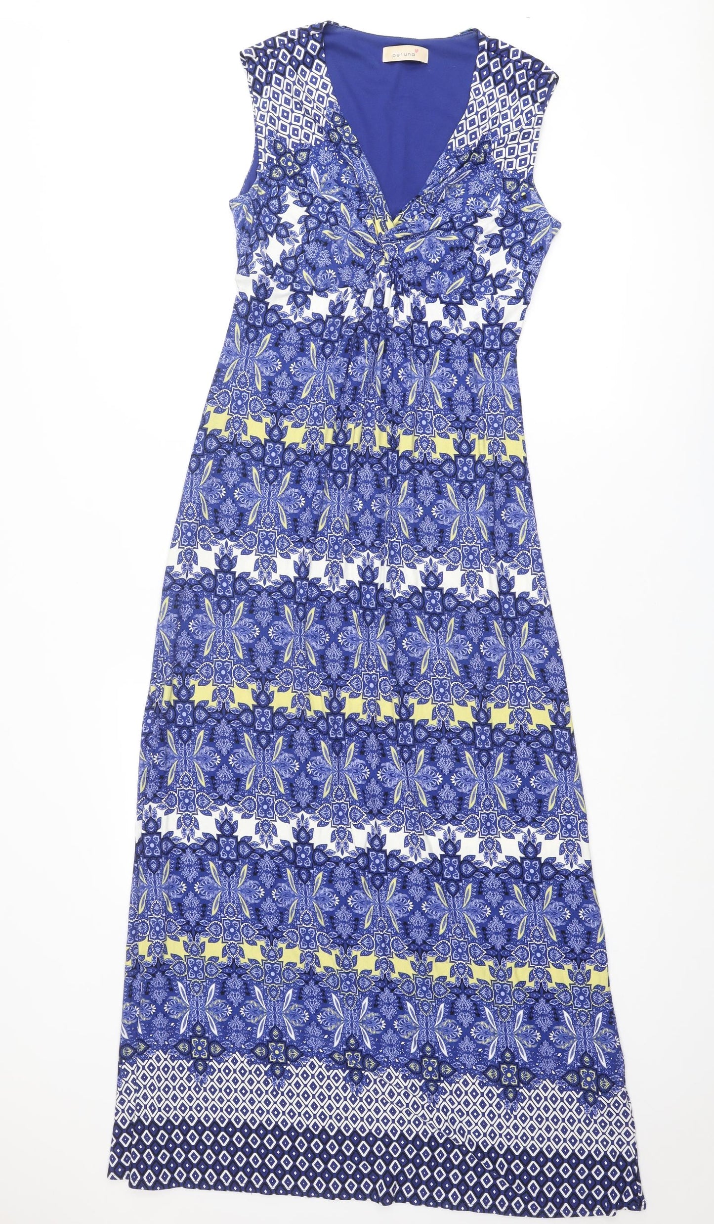 Marks and Spencer Womens Blue Geometric Viscose Maxi Size 12 V-Neck Pullover