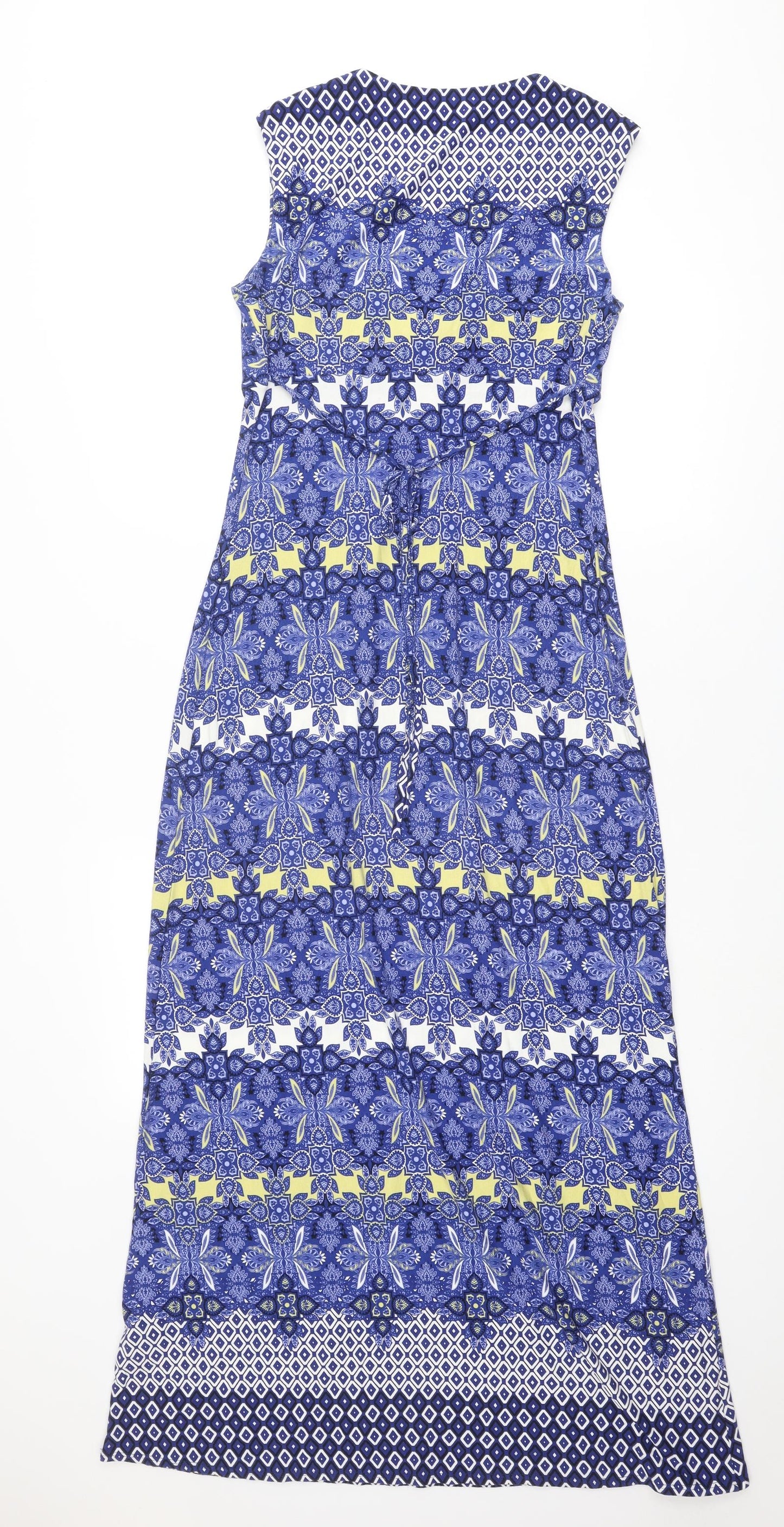 Marks and Spencer Womens Blue Geometric Viscose Maxi Size 12 V-Neck Pullover