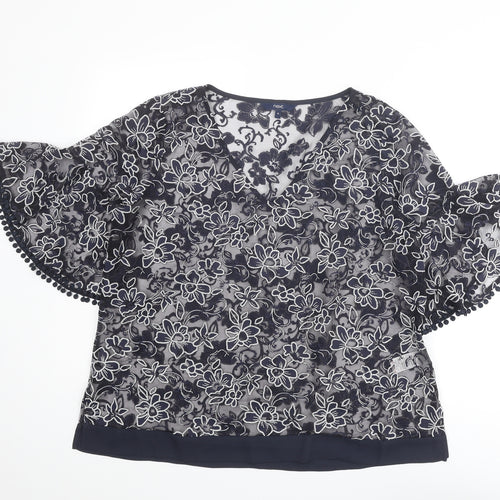 NEXT Womens Blue Floral Cotton Basic Blouse Size 18 V-Neck - Ruffle Sleeve