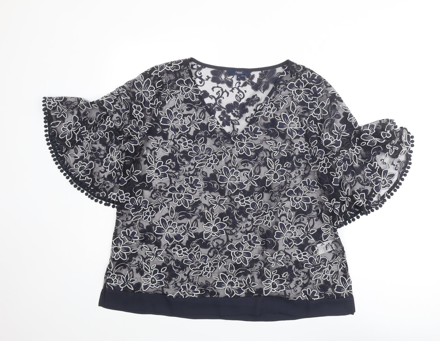 NEXT Womens Blue Floral Cotton Basic Blouse Size 18 V-Neck - Ruffle Sleeve