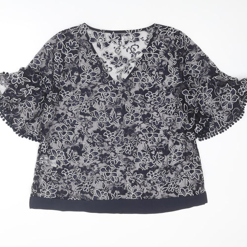 NEXT Womens Blue Floral Cotton Basic Blouse Size 18 V-Neck - Ruffle Sleeve
