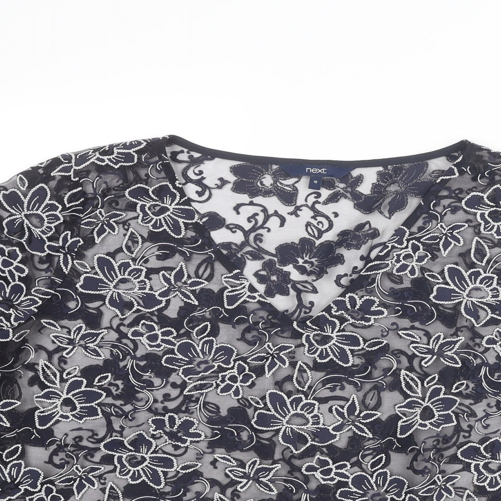 NEXT Womens Blue Floral Cotton Basic Blouse Size 18 V-Neck - Ruffle Sleeve