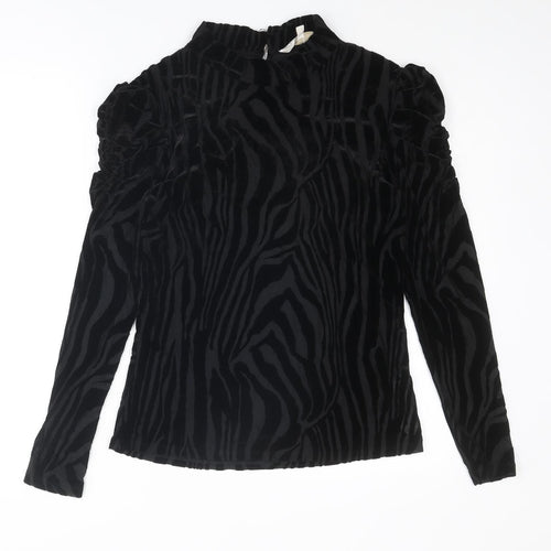 Apricot Womens Black Animal Print Polyester Basic Blouse Size 14 Mock Neck - Ruched Sleeves
