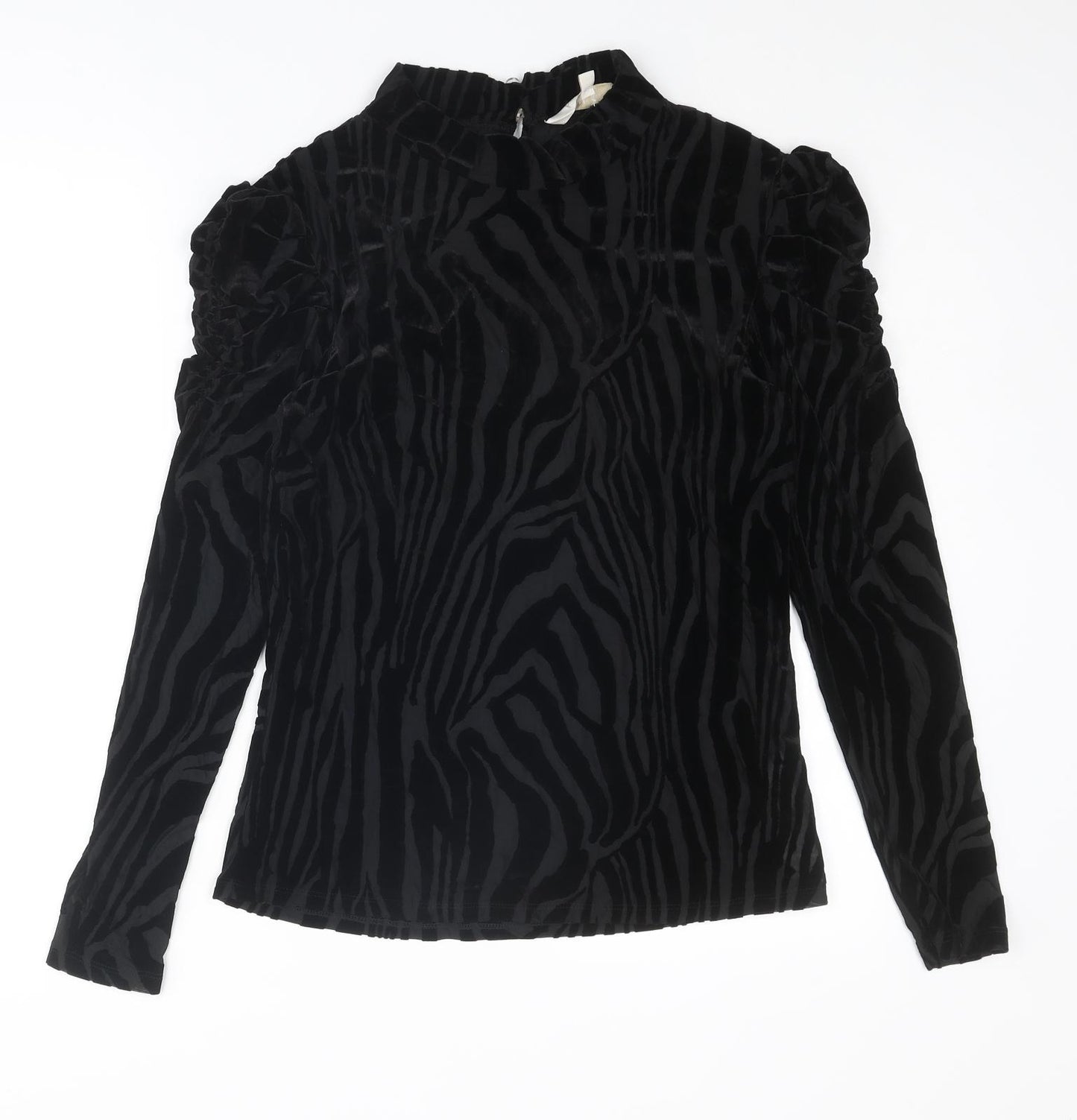Apricot Womens Black Animal Print Polyester Basic Blouse Size 14 Mock Neck - Ruched Sleeves