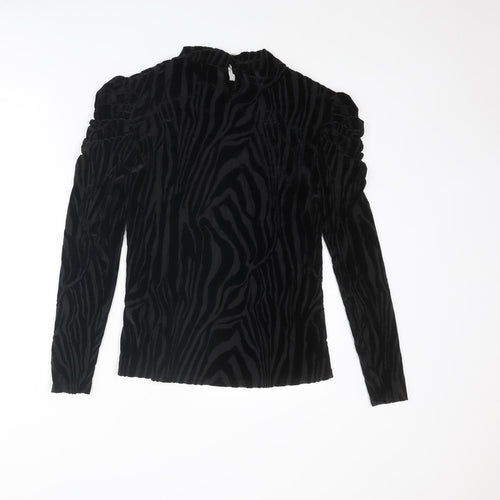 Apricot Womens Black Animal Print Polyester Basic Blouse Size 14 Mock Neck - Ruched Sleeves