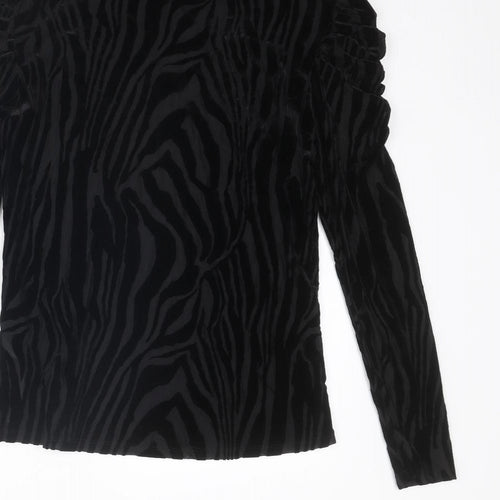 Apricot Womens Black Animal Print Polyester Basic Blouse Size 14 Mock Neck - Ruched Sleeves