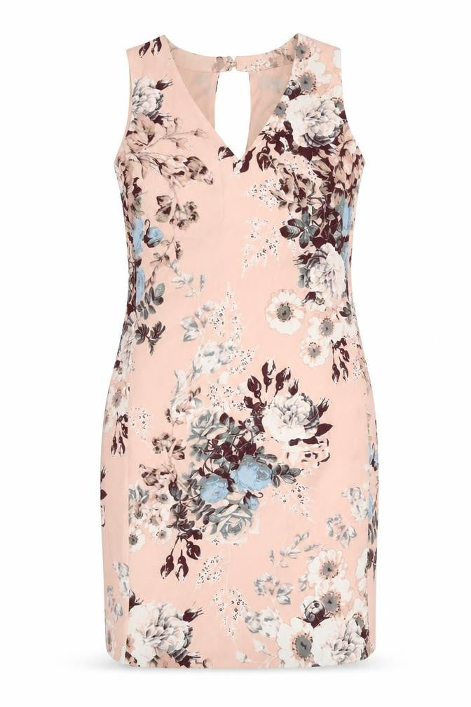 Front view of Next women’s pink floral polyester a-line, size UK 10, v-neck zip