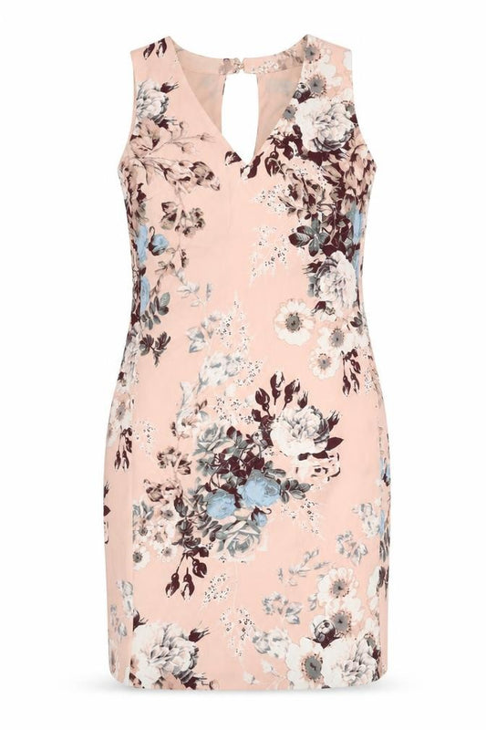 Front view of Next women’s pink floral polyester a-line, size UK 10, v-neck zip