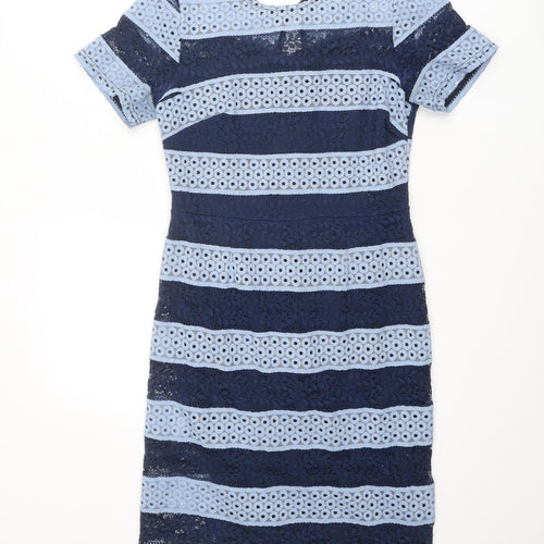 Dorothy Perkins Womens Blue Striped Polyester A-Line Size 10 Round Neck Zip