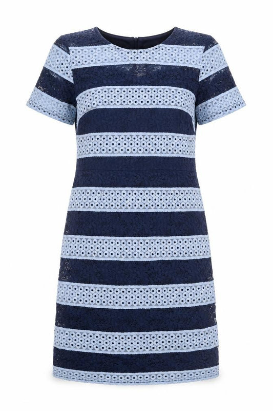 Front view of Dorothy Perkins women’s blue striped polyester a-line, size UK 10, round neck zip