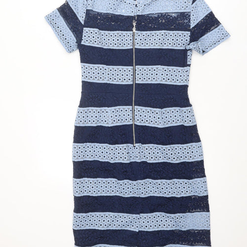 Dorothy Perkins Womens Blue Striped Polyester A-Line Size 10 Round Neck Zip