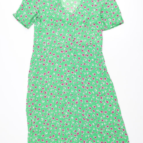 Nobody's Child Womens Green Floral Viscose Shirt Dress Size 12 Round Neck Button