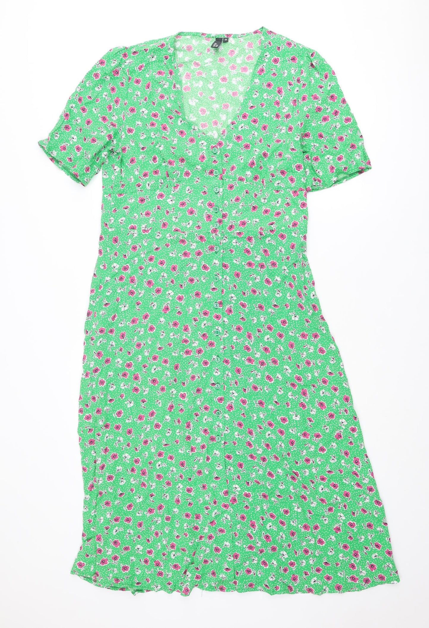 Nobody's Child Womens Green Floral Viscose Shirt Dress Size 12 Round Neck Button