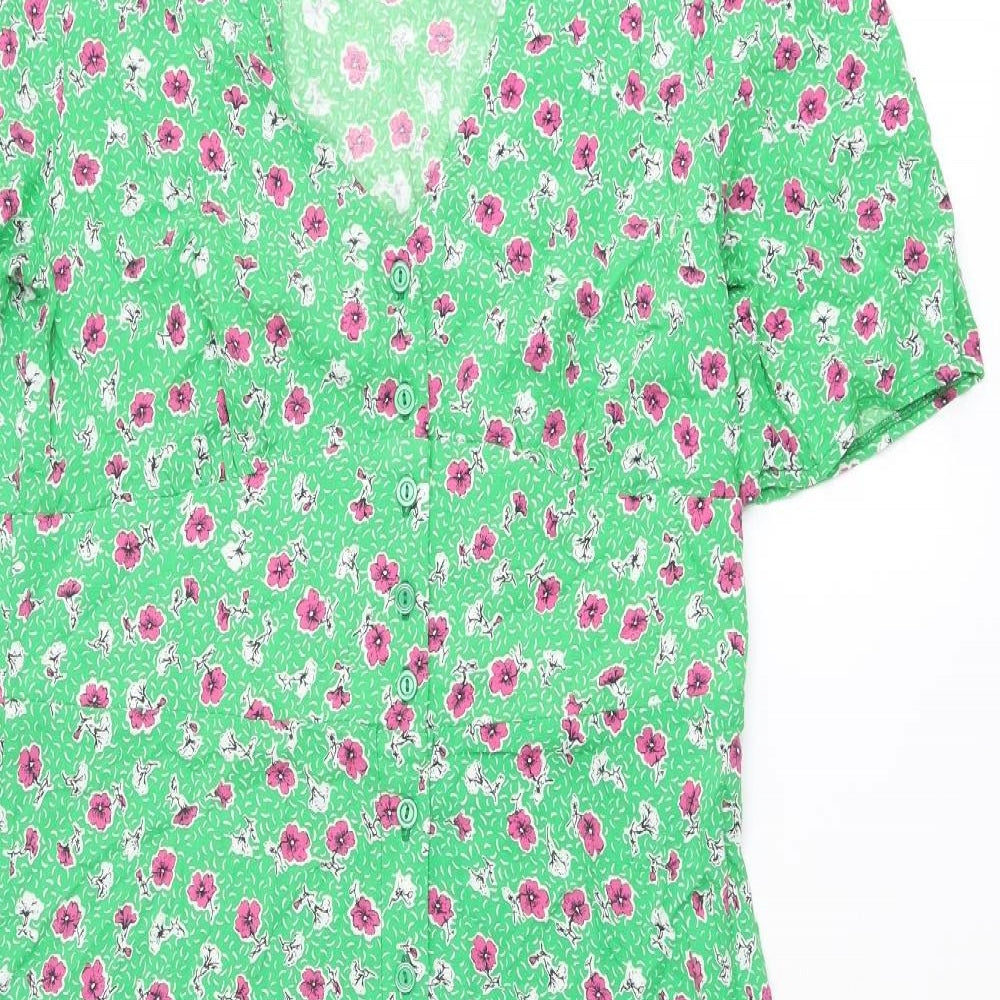 Nobody's Child Womens Green Floral Viscose Shirt Dress Size 12 Round Neck Button