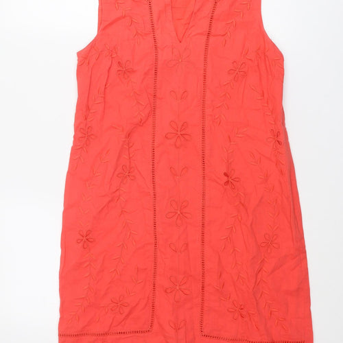 Monsoon Womens Red Cotton Shift Size 10 V-Neck Zip - Broderie Anglaise