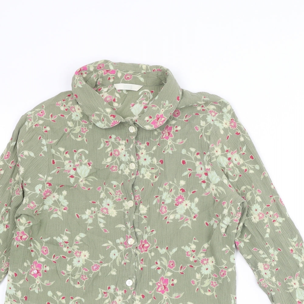 Marks and Spencer Womens Green Floral Polyester Basic Button-Up Size 10 Collared