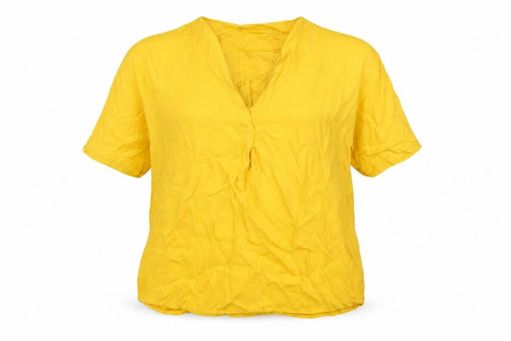 Front view of Phase Eight women’s yellow viscose basic t-shirt, size UK 12, v-neck