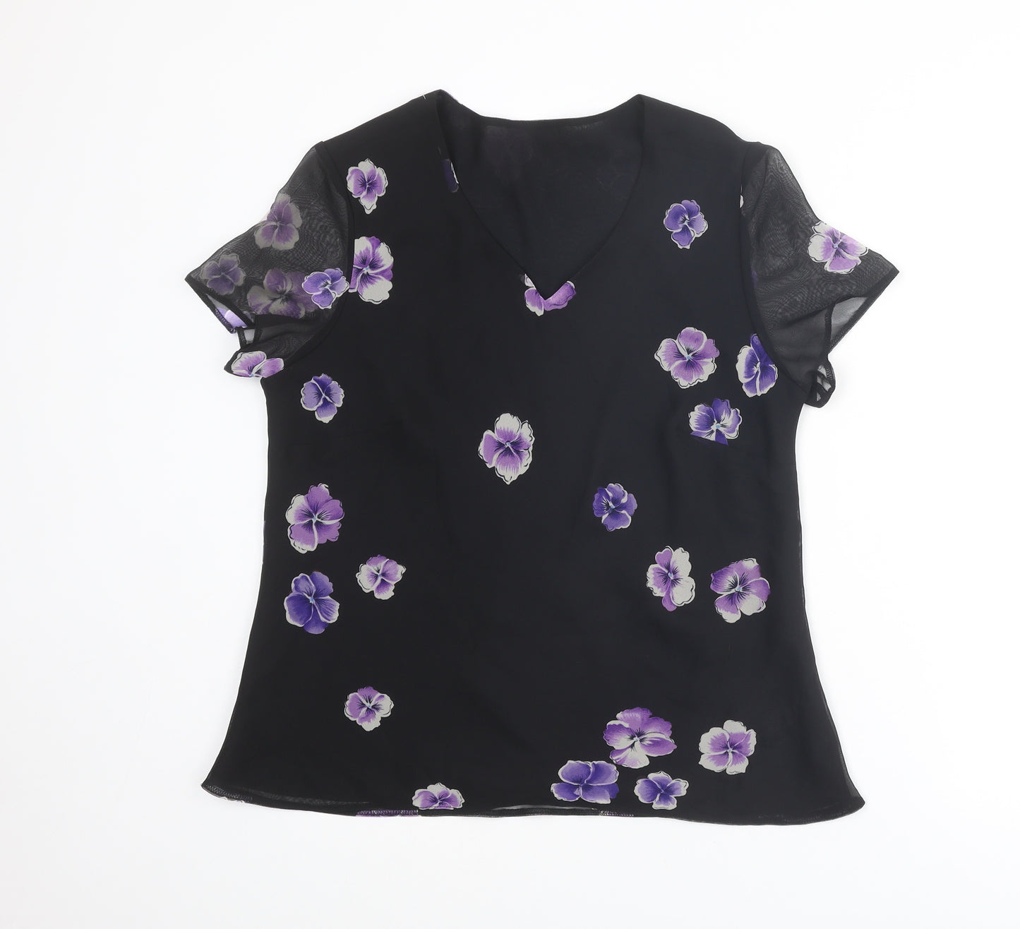 BHS Womens Black Floral Polyester Basic T-Shirt Size 16 V-Neck