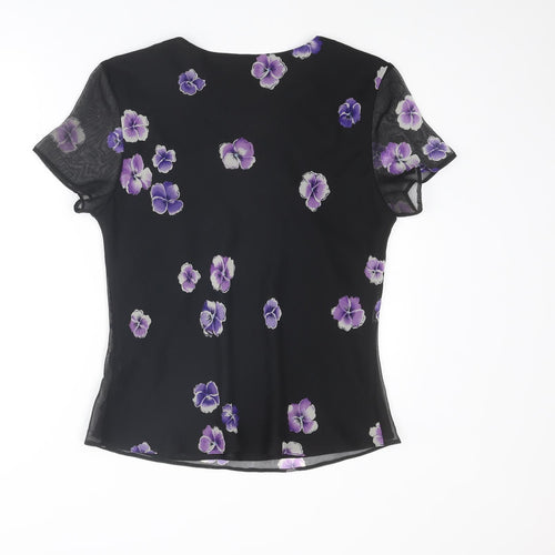BHS Womens Black Floral Polyester Basic T-Shirt Size 16 V-Neck
