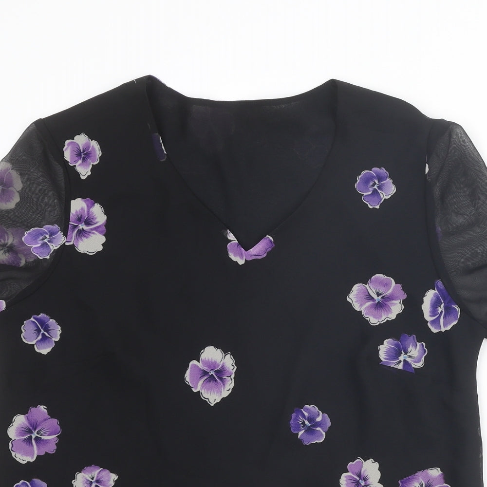 BHS Womens Black Floral Polyester Basic T-Shirt Size 16 V-Neck
