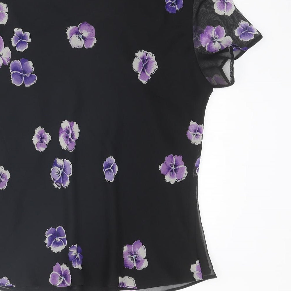 BHS Womens Black Floral Polyester Basic T-Shirt Size 16 V-Neck