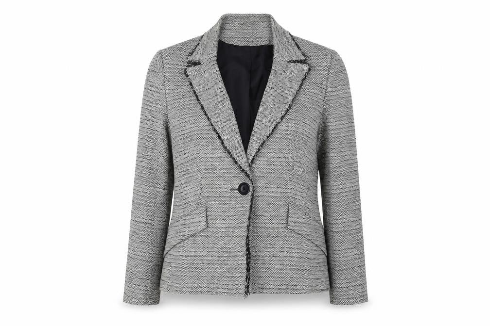 Front view of Debenhams women’s grey geometric jacket blazer, size UK 14, button