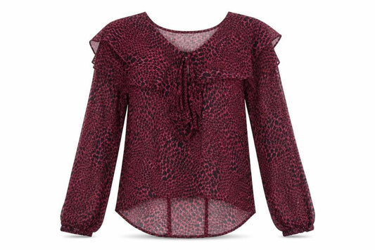 Front view of Topshop women’s purple geometric polyester basic blouse, size UK 10, v-neck