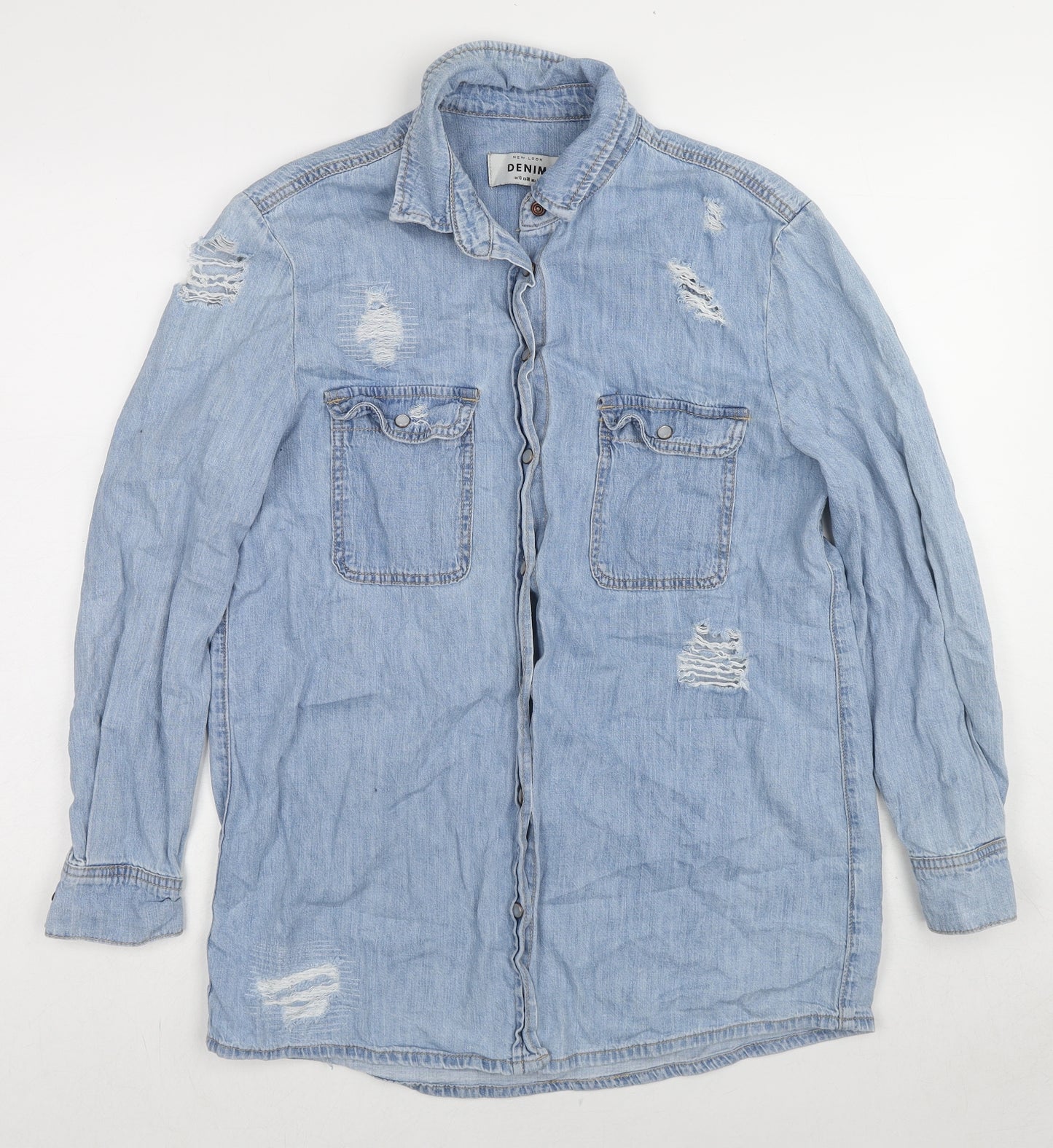 New Look Womens Blue Cotton Basic Button-Up Size 10 Collared - Distressed