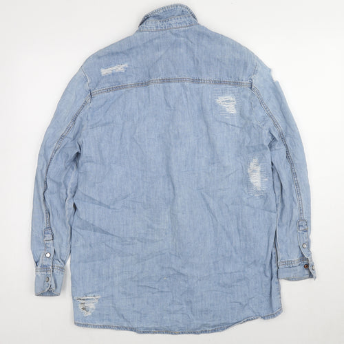 New Look Womens Blue Cotton Basic Button-Up Size 10 Collared - Distressed
