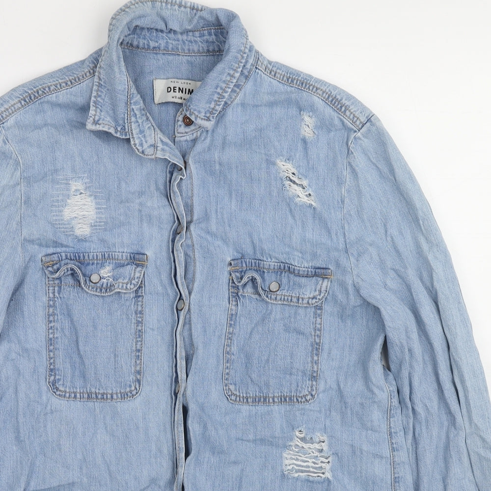 New Look Womens Blue Cotton Basic Button-Up Size 10 Collared - Distressed