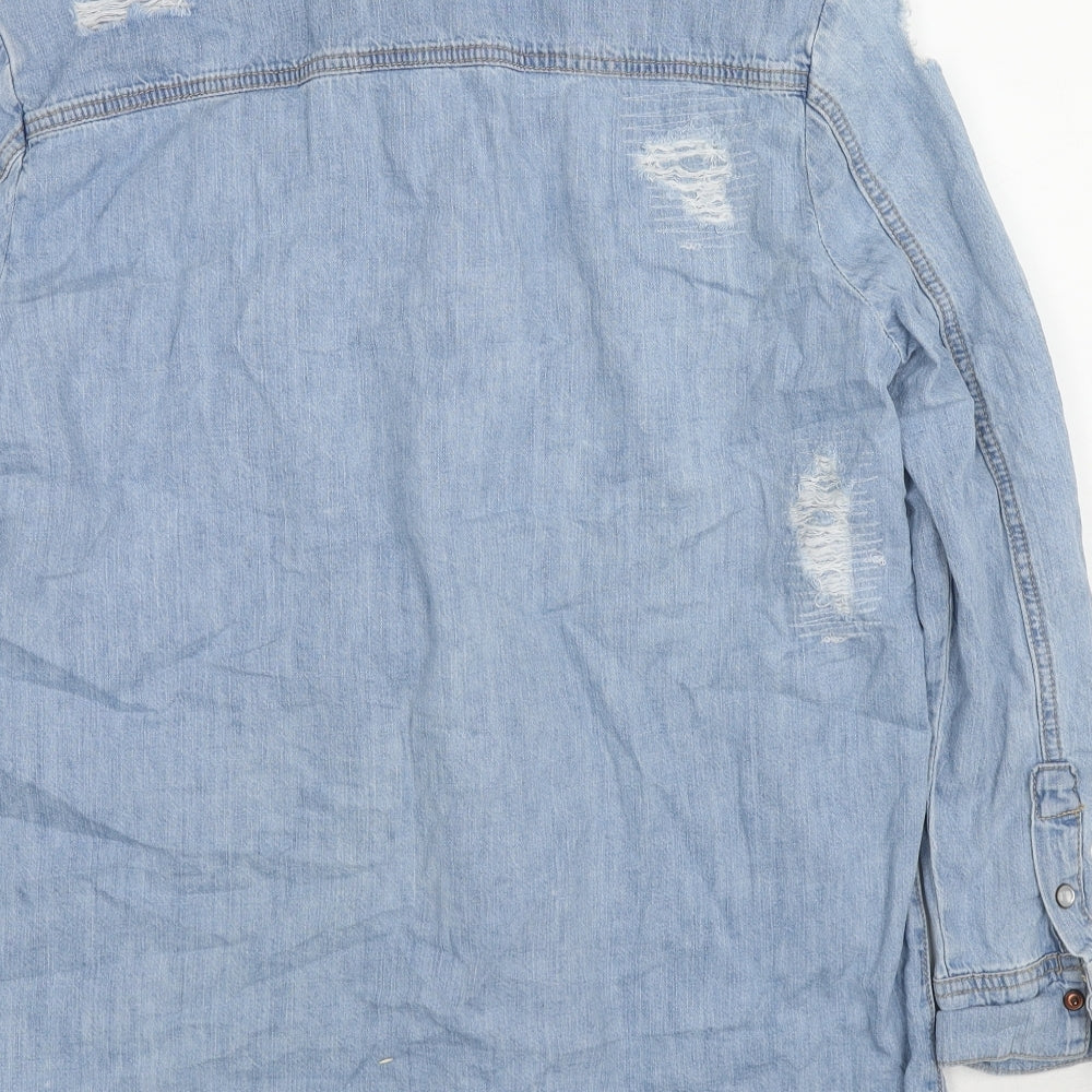 New Look Womens Blue Cotton Basic Button-Up Size 10 Collared - Distressed