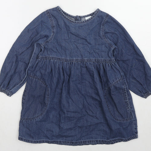 NEXT Girls Blue Cotton A-Line Size 3-4 Years Round Neck Button