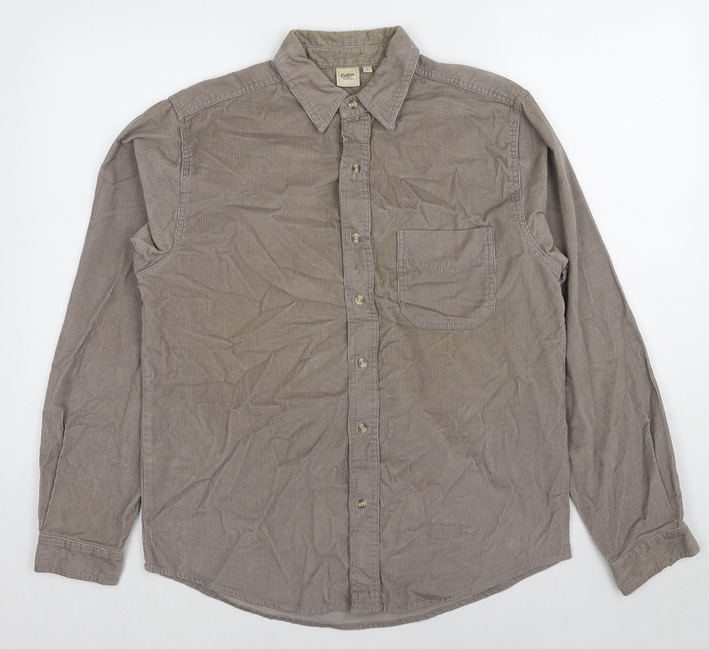 Cotton Traders Mens Brown Cotton Button-Up Size S Collared Button
