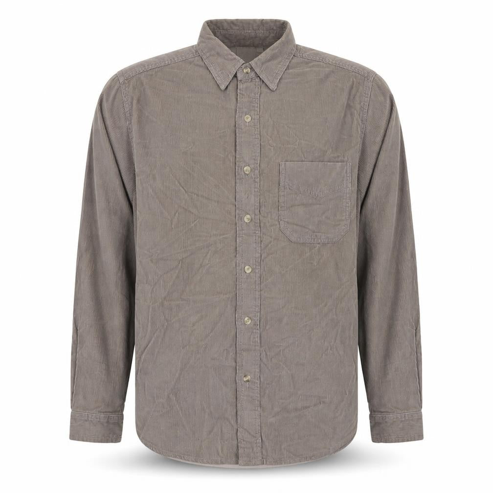 Front view of Cotton Traders men’s brown cotton button-up, size S, collared button