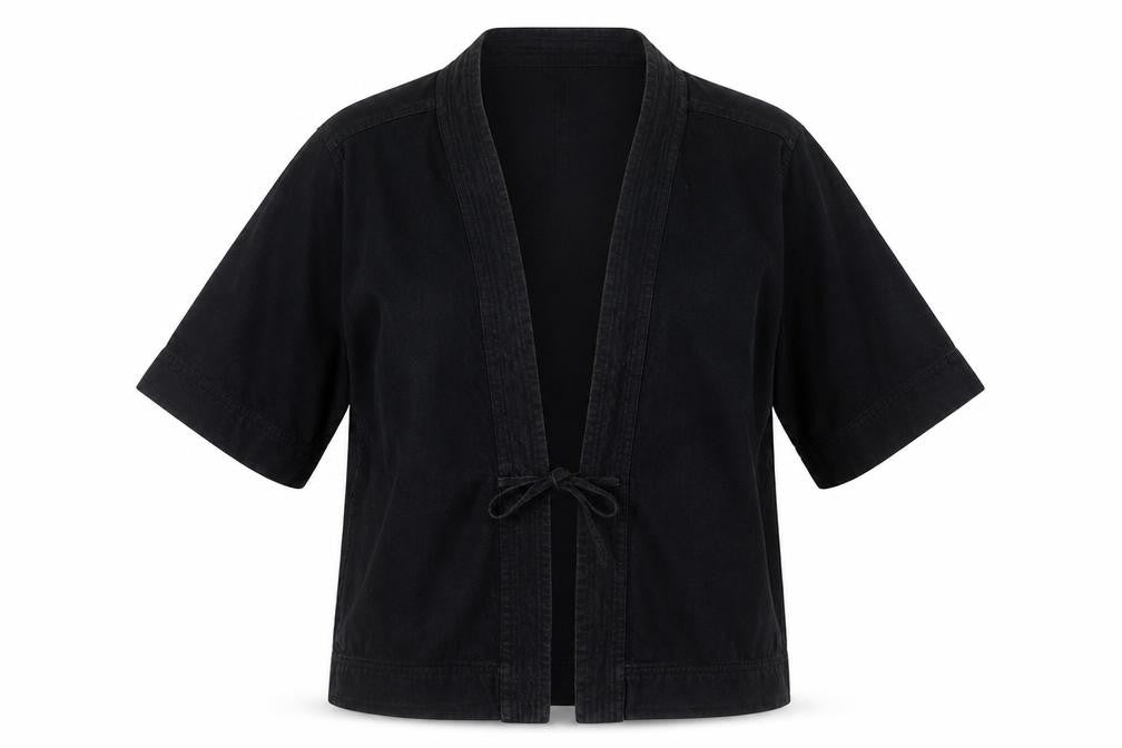 Front view of ASOS women’s black jacket, size M, tie - tie front