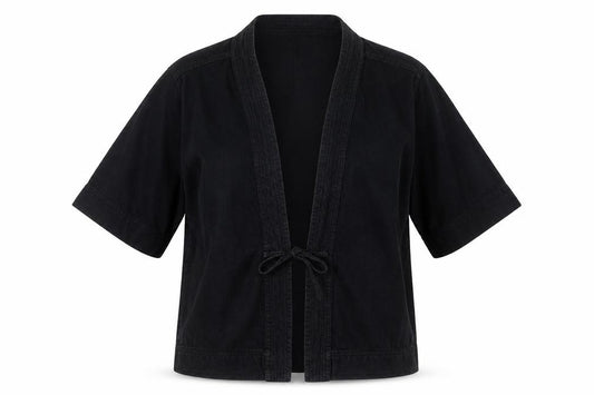 Front view of ASOS women’s black jacket, size M, tie - tie front